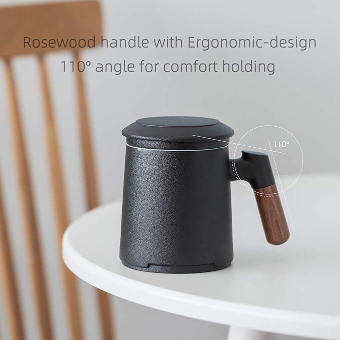ZENS Tea Cup with Infuser and Lid for Loose Leaf Tea Steeper, 12oz Black Ceramic Tea Mug with Wood Handle for Tea Lovers Gifts - Bloomnest