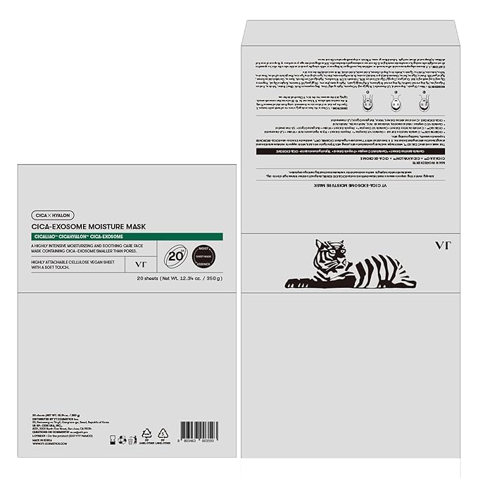 VT COSMETICS Cica-Exosome Moisture Mask 20 Sheets, Centella Asiatica & Hyaluronic Acid with Exosomes for Deep Hydration & Calming, Biodegradable Vegan Sheets, Korean Face Mask - Bloomnest