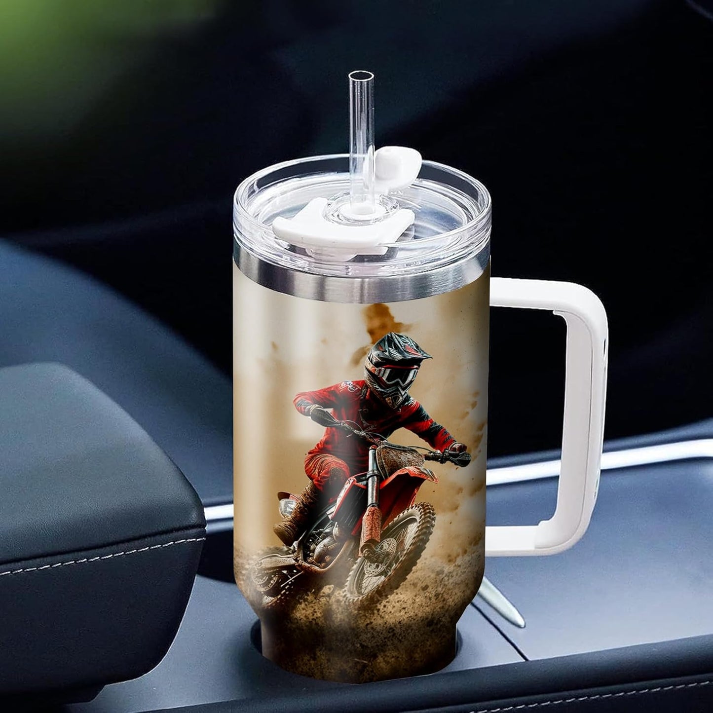 WAZONE Personalized Dirt Bike Racing Stainless Steel 40oz Tumbler with Handle and Straw Thanksgiving Birthday Christmas Fathers Day Custom Gifts For Motorcycle Boyfriends Men Dad Husband