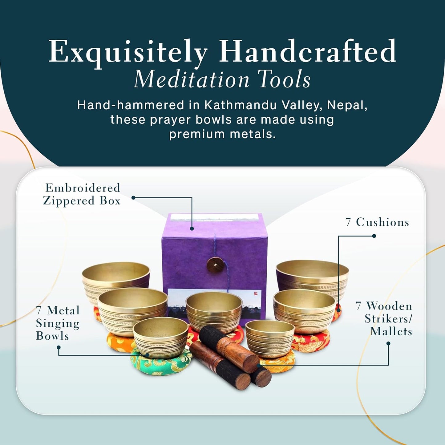 Tibetan Singing Bowl Set of 7, Handmade Singing Bowl for Meditation & Holistic Healing, Yoga Accessories, 3-5” Multicolored Singing Bowls with Wooden Striker, Cushion & Red Carry Box