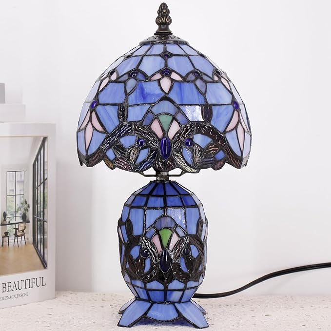 Small Tiffany Lamp Stained Glass Table Lamp Mini Mother Daughter Vase Desk Accent Light for Bedroom Bedside Reading Home Antique Style Decor 8X14 Inches (Blue Baroque) - Bloomnest