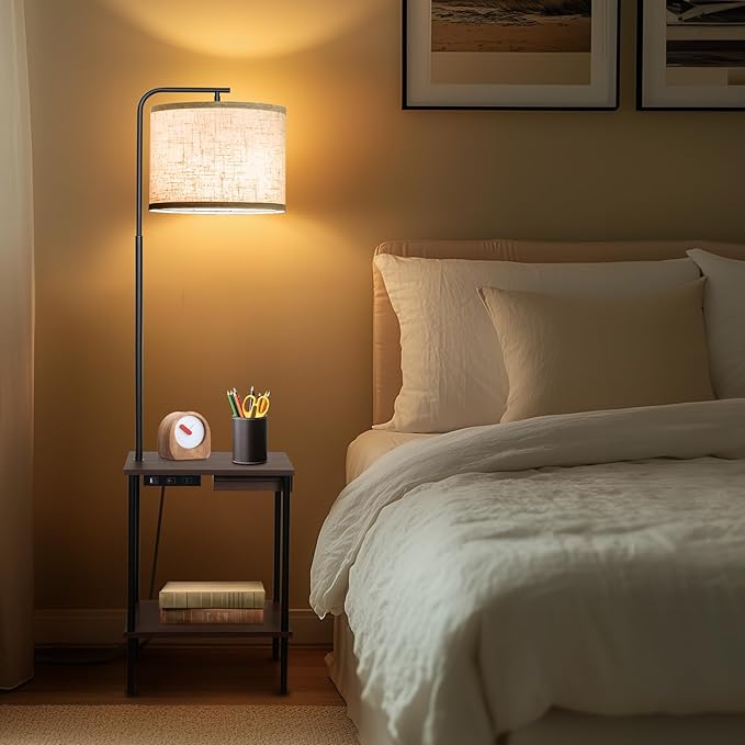 Floor Lamp with Table & Drawers, End Table Lamp with USB Charging Portt Power Outlet and Shelves, Side Table Reading Light with 3 Color Temperature Led Bulb Included for Living Room, Walnut - Bloomnest