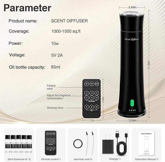 Hotel Scent Diffuser Starter Kit - 1500 Sq Ft Coverage, Premium Plastic Essential Oil Diffuser, Waterless Diffuser for Home, Hotel, Office, 5 Scent Essential Oils Included, Large Room, Black, 11In - Bloomnest