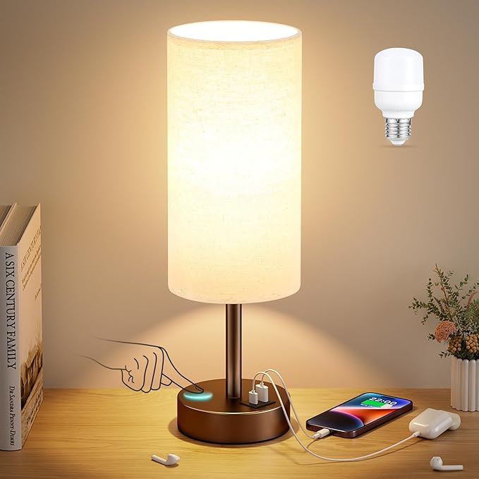 Dicoool Beige Touch Table Lamp for Bedroom - 3 Way Dimmable Bedside Lamp with USB, Nightstand Lamp with Brown Charging Station for Desk, Dorm, Office - Bloomnest