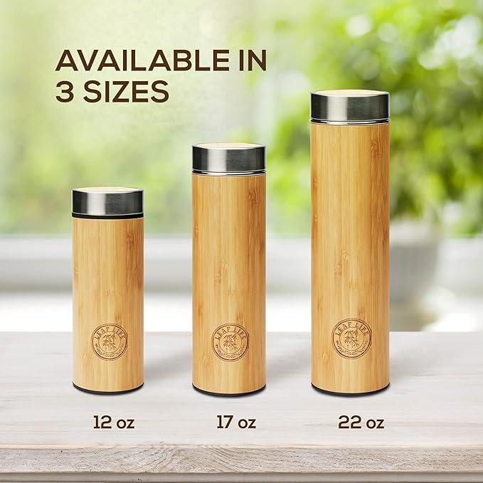 LeafLife Premium Bamboo Tea Bottle for Loose Tea - Tea Infuser Bottle - Tea Gifts - Insulated Water Bottle/Coffee Tumbler/Tea - Tea Gift Set, Tea Accessories - Tea Tumbler 22oz