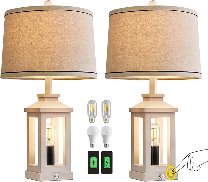 23.75" Retro Farmhouse USB C+A Ports Table Lamp Set of 2 with 3 Way Dimmable Touch Control White Nightlight Vintage Modern Lamp for Living Room Bedroom with 2 Light Sources - Bloomnest