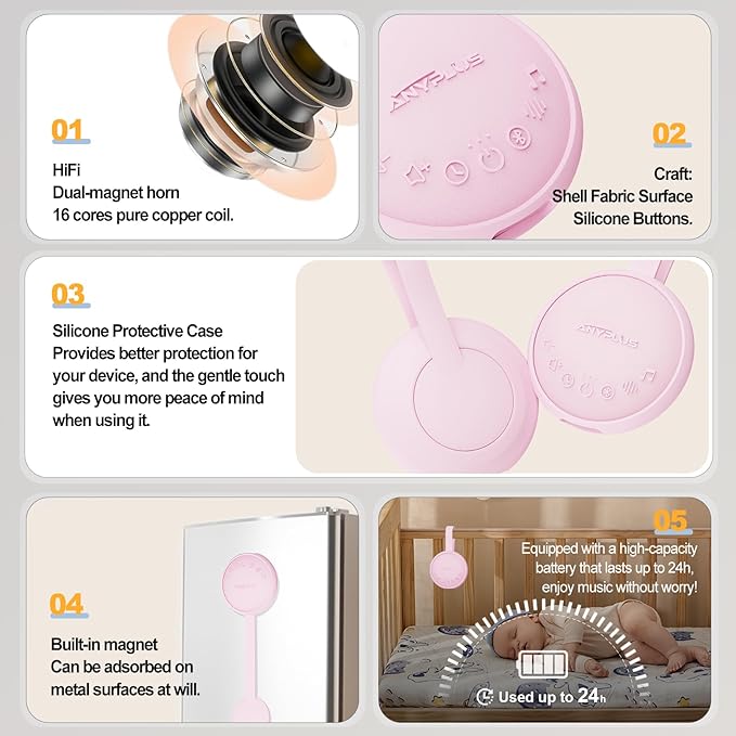 White Noise Machine for Sleeping Adults & Baby, Portable Sound Machine with 24 Soothing Sounds, Bluetooth 5.1, Battery Powered, 3 Timer Settings, Memory Function for Home, Office, Travel (Pink)