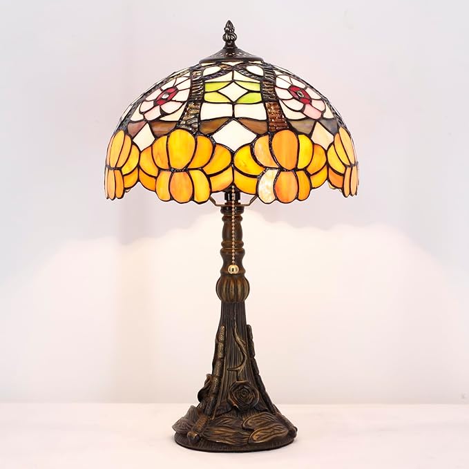 Tiffany Stained Glass Table Lamp 12X12X19 Inch Orange Flower Style Desk Bedroom Living Room Reading Light (Orange Flower) - Bloomnest