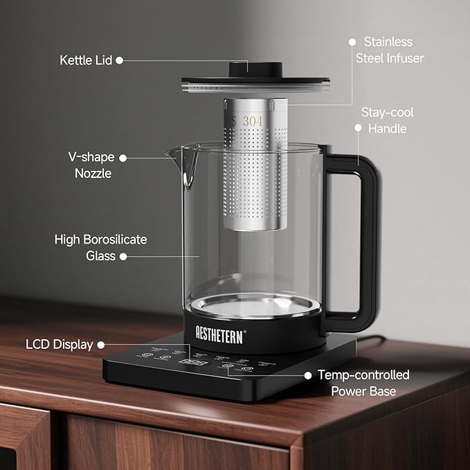 Electric Tea Kettle with Infuser Temperature Control and Automatic Shut Off 24 H Keep Warm for Coffee Water Heater and Tea Pot Glass Black 1.5L - Bloomnest