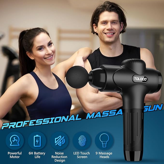 TOLOCO Massage Gun Deep Tissue, Percussion Massage Gun with 10 Replacement Heads, Super Quiet Portable Electric Massager for Athletes, Relax, Black - Bloomnest