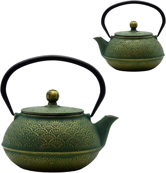 900ml Cast Iron Tea Kettle,SECHUDO Teapot Coated with Enameled Interior for Loose Leaf, Small Cast Iron Teapot with Strainer for Stovetop Safe, Green Iron Kettle(30.4oz) - Bloomnest