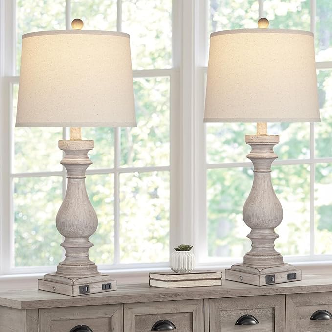 27.5" Farmhouse Table Lamp for Living Room Set of 2,Vintage Bedside Lamps with USB C+A Ports & AC Outlet,3-Way Dimmable Touch Control Gray Washed Finish Nightstand for Bedroom, Gray - Bloomnest