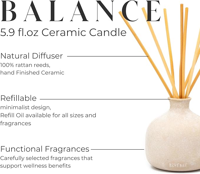 BLUEME Balance-White Lotus & Tea, 5.92 Fl Oz Wellness Diffuser, Contains Essential Oil, Sustainable, Hand Finished, Premium, Luxury Ceramic, Natural Rattan Reeds - Bloomnest