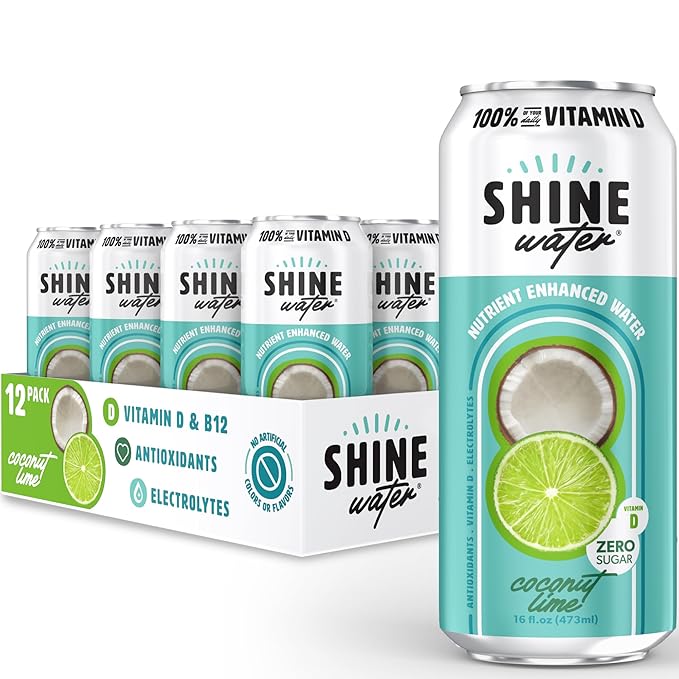 Shine Water Coconut Lime Vitamin D Electrolyte Drinks 12-Pack, Sugar Free Flavored Water with Magnesium, Zinc & Antioxidants, Low Calorie Hydration Beverage, Plant-Based Vitamin Water Zero Sugar - Bloomnest