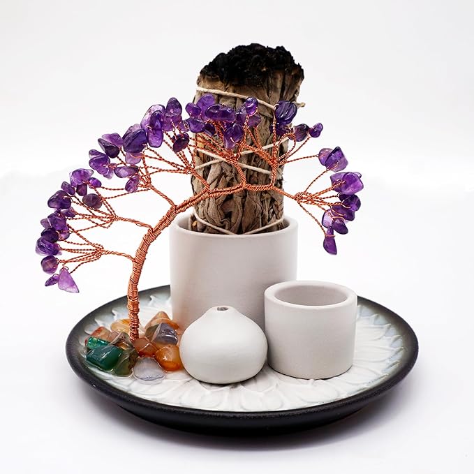 5 in 1 Incense Burner Holder with Crystal Tree for Burning Palo Santo Stick, Sage, Incense Sticks, Candle, Ceramic Tray Ash Catcher, Meditation Gift (Purple) YIENENG