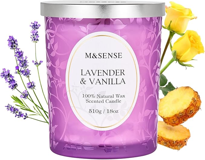 M&SENSE Lavender Vanilla Scented Candle, Cracking Wooden Wick Soy Wax, 18oz 100 Hours Long Lasting Clean Burn, Large Jar Candles for Home Decor, Non-Toxic Relaxing Aromatherapy Gifts for Women - Bloomnest