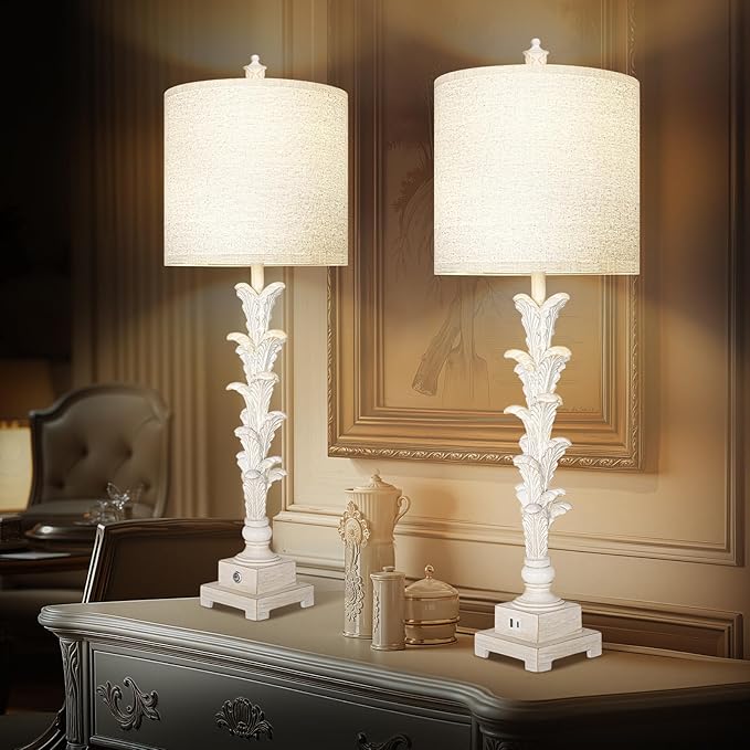 Vintage Table Lamps Set of 2, 3-Way Dimmable Touch Buffet Lamps with 2 USB Ports, 33'' Bedside Nightstand Lamps with Linen Shades, Rustic Farmhouse Table Lamps for Living Room Bedroom, Washed White - Bloomnest