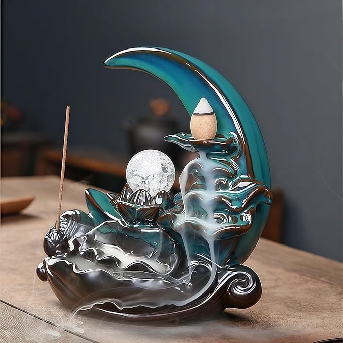 Moon Backflow Incense Burner,Ceramic Incense Cone Holder, Incense Waterfall Fountain,Backflow Incense Holder with 60 Backflow Incense Cones and 40 Incense Sticks - Bloomnest