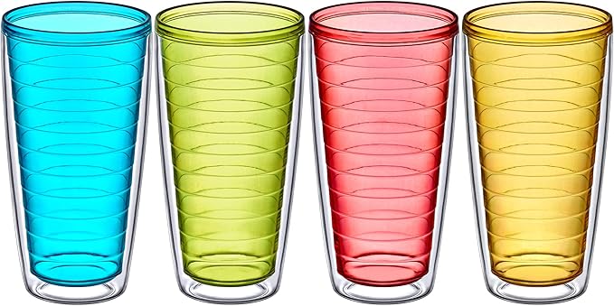Amazing Abby - Alaska - 24-Ounce Insulated Plastic Tumblers (Set of 4), Double-Wall Plastic Drinking Glasses, Mixed-Color Reusable Plastic Cups, BPA-Free, Shatter-Proof, Dishwasher-Safe - Bloomnest