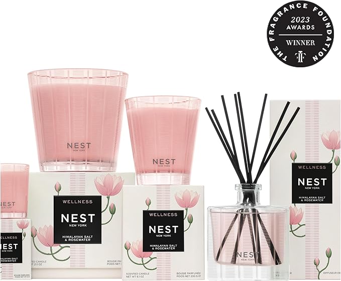 NEST New York Reed Diffuser, Himalayan Salt & Rosewater - 5.9 fl oz - Fragrance for Up to 90 Days - Reusable, Refillable Glass Holder - Includes 8 All-Natural Reed Sticks - Flame Free - Bloomnest