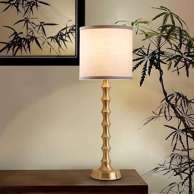 Set of 2 Gold Table Lamps, 30.5" Electroplated Gold Bamboo Base with White Linen Shade, Tall Buffet Lamps for Dining Room, Living Room, Bedroom Decor