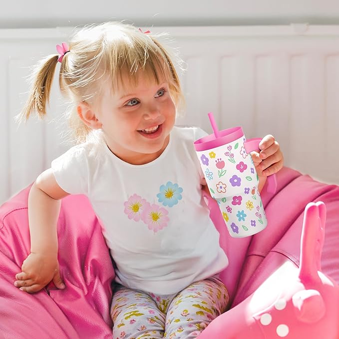 Floral Tumbler 20oz with Handle and Silicone Straw Lid for Kid, Insulated Stainless Steel Cup, Gift for Kids Girls, Gifts Idea for Birthday Christmas Back to School - Bloomnest