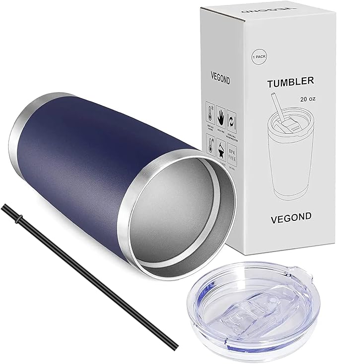 VEGOND 20oz Tumbler with Lid and Straw Stainless Steel Tumbler Cup Vacuum Insulated Double Wall Travel Coffee Mug Powder Coated Coffee Cup(Navy Blue 1 Pack) - Bloomnest