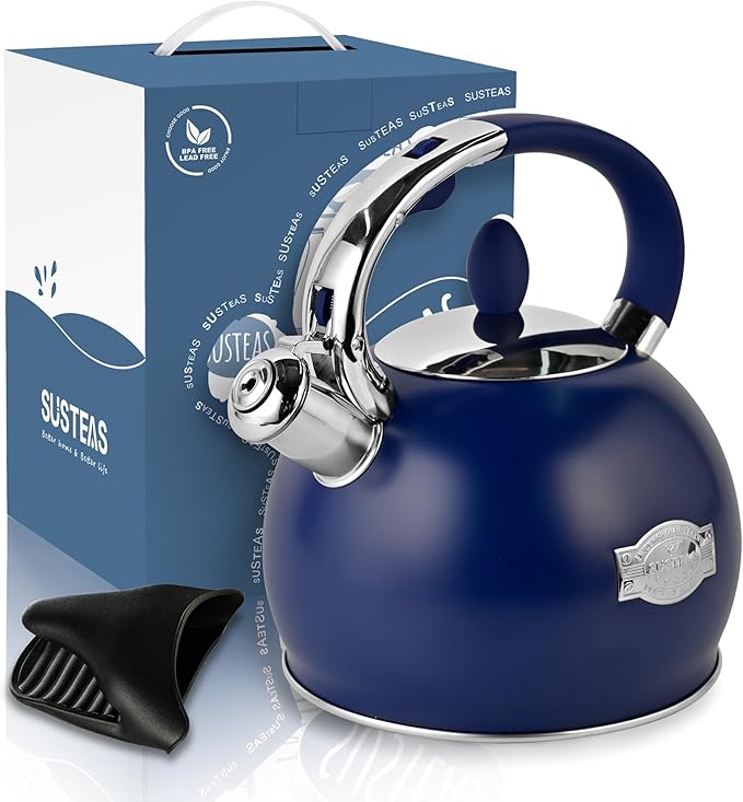 SUSTEAS Stove Top Whistling Tea Kettle - Food Grade Stainless Steel Teakettle Teapot with Cool Touch Ergonomic Handle, With 1 Silicone Pinch Mitt Included, 2.64 Quart,NAVY BLUE - Bloomnest