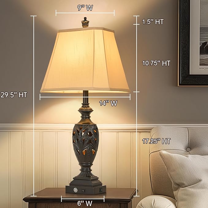 29.5" H Touch Traditional Table Lamp Set of 2,Vintage Bedside Nightstand Lamps with Dual USB and Night Light, 3-Color Hollow Out Leafwork Black Gold Finish Desk Lamps for Living Room,Bedroom - Bloomnest