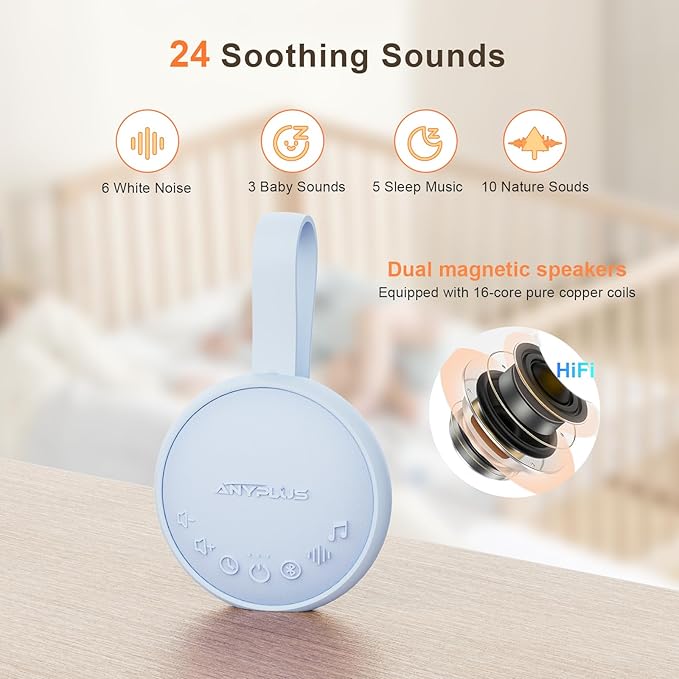 White Noise Machine for Sleeping Adults & Baby, Portable Sound Machine with 24 Soothing Sounds, Bluetooth 5.1, Battery Powered, 3 Timer Settings, Memory Function for Home, Office, Travel (Blue)