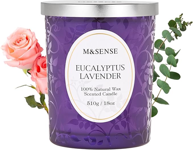 M&SENSE Eucalyptus Lavender Scented Candle, Cracking Wooden Wick Soy Wax, 18oz 100 Hours Long Lasting Clean Burn, Large Jar Candles for Home Decor, Non-Toxic Relaxing Aromatherapy Gifts for Women - Bloomnest