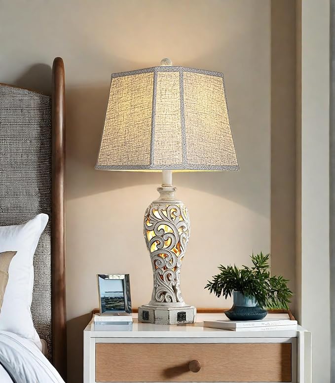 25'' Farmhouse Table Lamp for Living Room Bedroom, 2 USB Ports Vintage Rustic Nightstand Desk Lamp with Nightlight, White Hollow Out Resin Lamp for End Table (Bulb Included) - Bloomnest