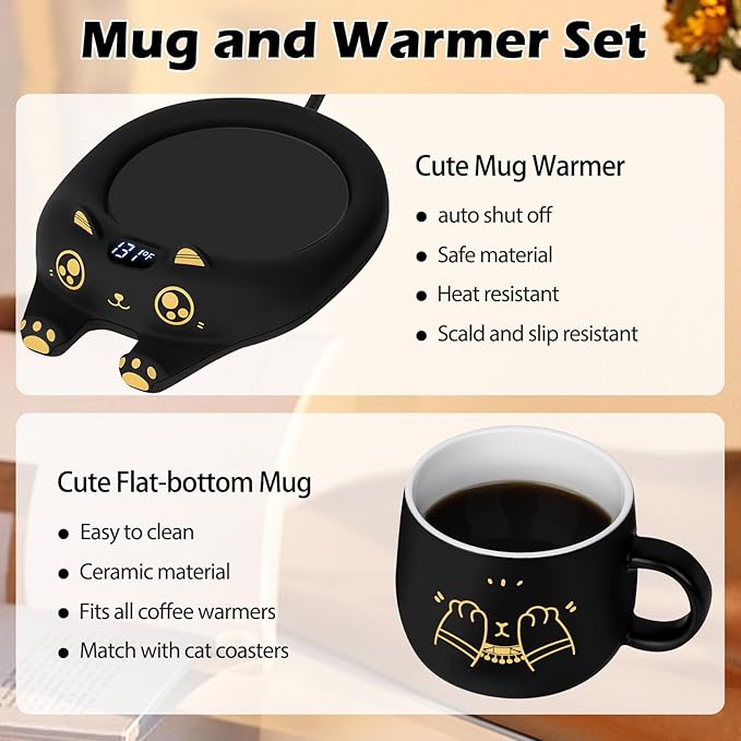 PUSEE Coffee Mug Warmer & Cute Cat Mug Set, Coffee Cup Warmer for Desk with Auto Shut Off, Beverage Warmer with 3 Temp Settings, Candle Warmer Coffee Warmer with Mug Set for Christmas & Birthday Gifts - Bloomnest