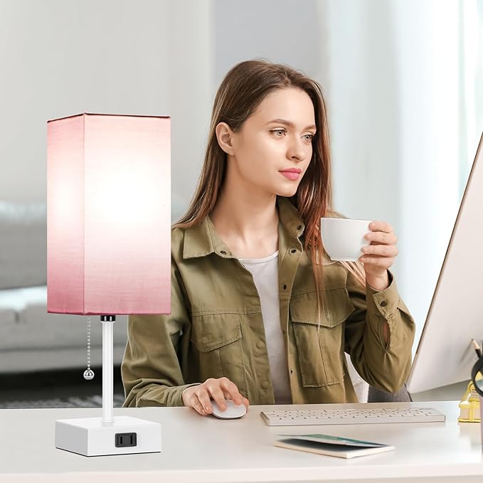 15'' Table Lamp for Bedroom set of 2,3-Color Bedside Lamps with Pull Chain Table Lamps for Night stands ,Small Night Light Lamps with 2 Bulbs Lamps for Living Room Kids Room Office Decor(Pink+White) - Bloomnest