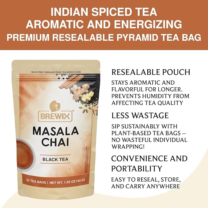 BREWIX, Masala Chai Tea Bags (22 Pyramid Tea Bags) Strong, Robust & Spicy - Pure Ingredients | Black Tea, Cinnamon, Ginger, Black Pepper, Cardamom & Cloves, Packed in Resealable Ziplock Pouch - Bloomnest