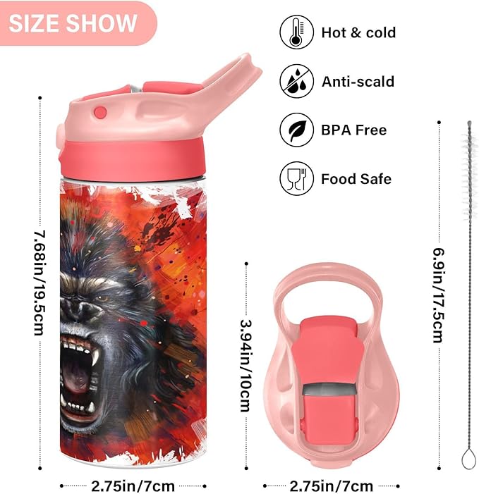 King Kong Furious Kids Insulated Water Bottle, Toddlers Tumbler Travel Cup with Straw & Handle Stainless Steel Cup for Travel School Girls 12 oz - Bloomnest