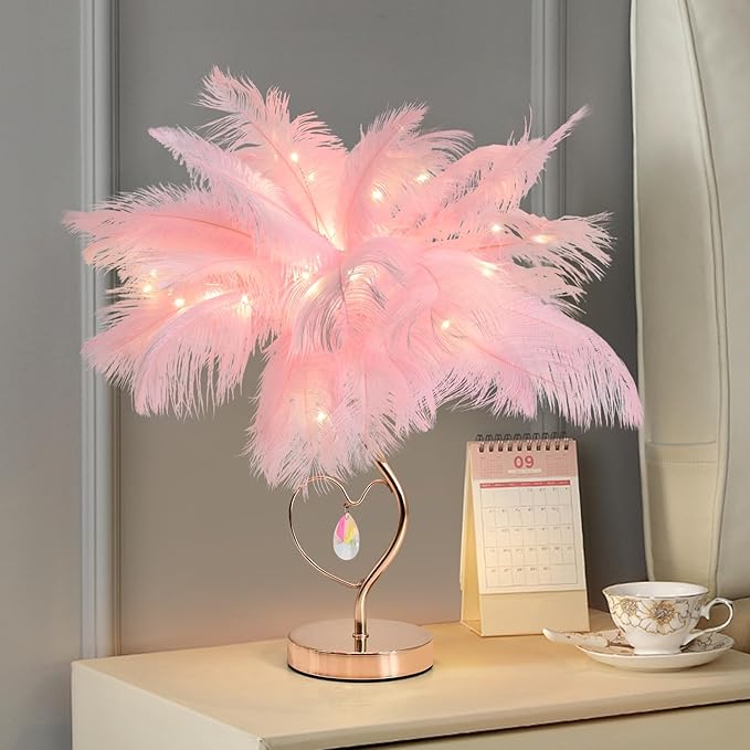 Pink Ostrich Feather Lamp Creative Furry Bedside Lamp Romantic Feather Table Lamp Fluffy Nightstand Light for Girl Bedroom Wedding Decor Valentines Dating Livingroom Hotel Office Christmas - Bloomnest