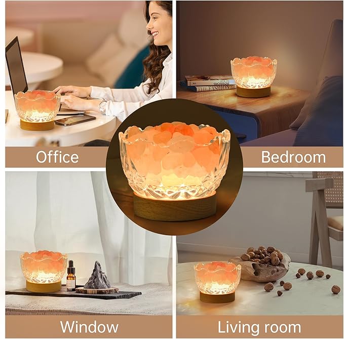 Himalayan Salt Lamp, Pink, Wooden Base, 10 Levels of Light Intensity Adjustment, USB Plug, 1 Year Warranty - Bloomnest