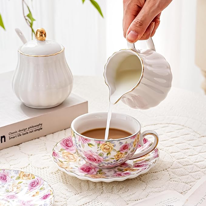 Tea Cup and Saucers, 6.4oz floral ceramic tea cups, Coffee Cappuccino Espresso Latte Mugs for Party Birthday,Christmas Gift (Pink and yellow roses) - Bloomnest