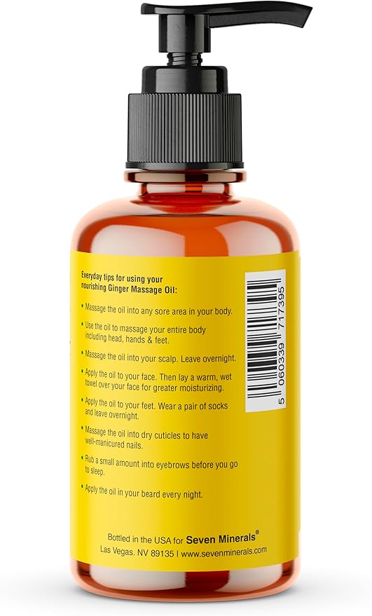 Seven Minerals Ginger Massage Oil for Lymphatic Drainage Massage Therapy - 4 oz - Warming and Ultra Relaxing - Therapeutic Grade Essential Oils Soothes Tired Muscles & Relaxes Mind and Body - Bloomnest