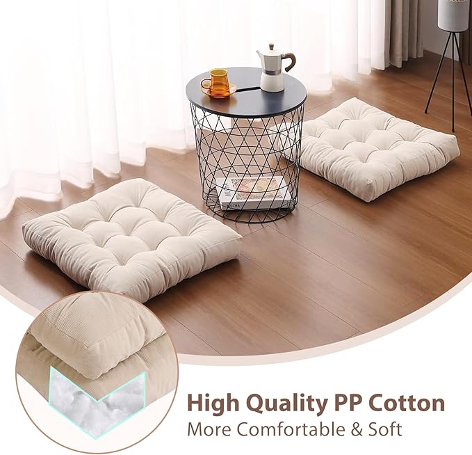 Tiita Square Outdoor Cushions Floor Pillow Thicken Tufted Seat Cushion for Adult Seating on Floor Yoga Meditation Living Room Balcony Office Indoor (Beige, 22 Inch (Pack of 1))
