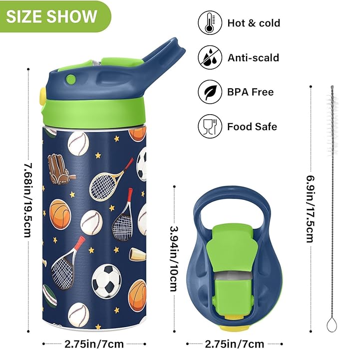 Soccer Basketball Tennis Kids Water Bottle with Straw Lid Insulated Tumbler with Handle Stainless Steel Reusable Toddlers Cup for Kids Boys 12 oz - Bloomnest