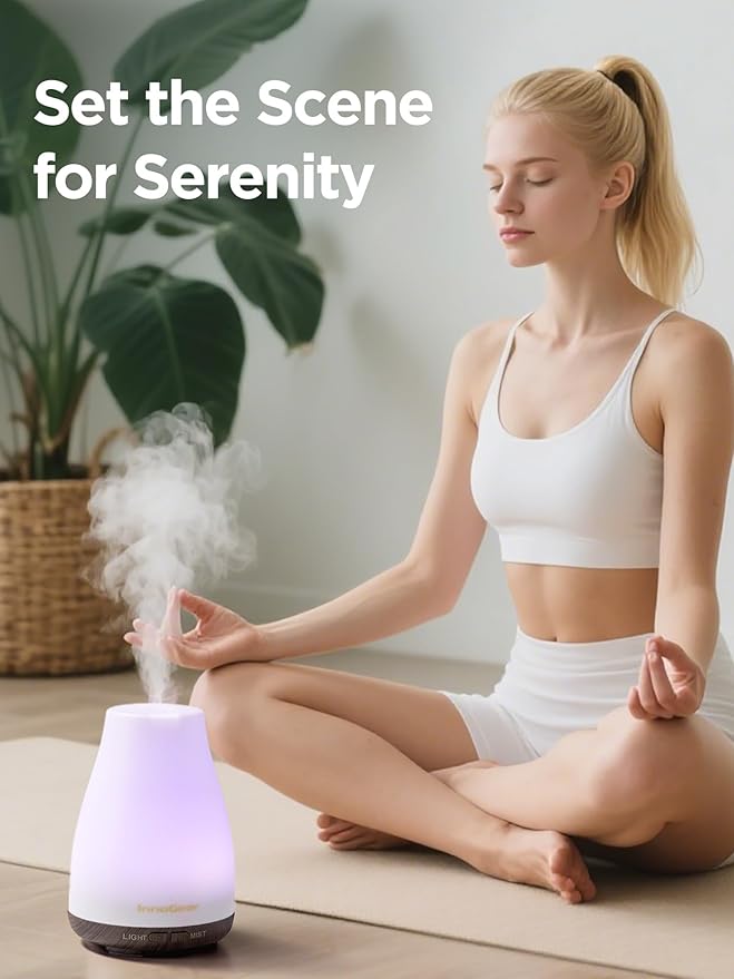 InnoGear Essential Oil Diffuser, Ultrasonic Diffusers for Home Aromatherapy Humidifier for Bedroom Room 7 Colors LED 2 Mist Mode Auto Off, Brown Base - Bloomnest