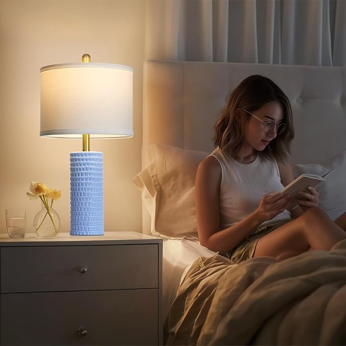24.5" Table Lamp Set of 2, Modern Ceramic Bedside Lamps for Night Stands, Classic Small Lamp Nightstand Lamp for Bedroom Living Room Desk End Table Rotary Switch Blue - Bloomnest
