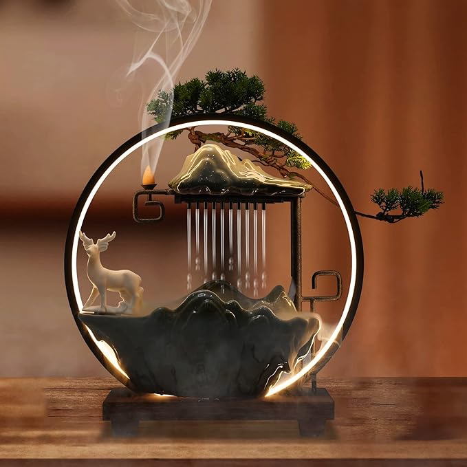 15In Water Fountains Indoor Tabletop Waterfall Humidifier with LED Light and Atomizer Mist, Japanese Zen Decor Meditation Fake Plants Bonsai Feng Shui Decor Festival Birthday surprise Good Luck Wealth - Bloomnest