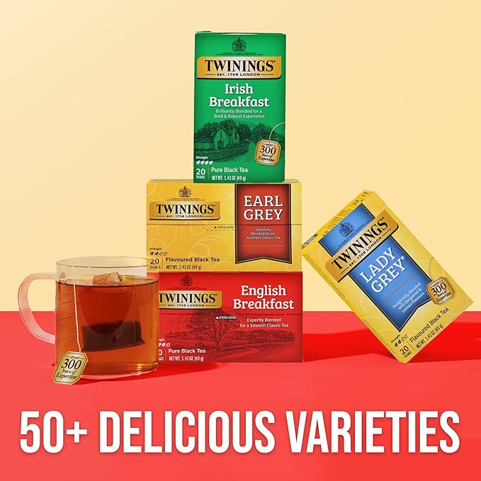 Twinings Variety Pack Black Tea Bags, 20 Count (Pack of 4), Includes English Breakfast, Earl Grey, Irish Breakfast, and Lady Grey, Caffeinated, Enjoy Hot or Iced, 80 Teabags - Bloomnest