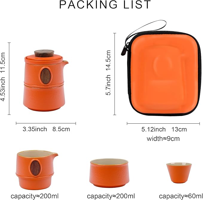 fanquare Travel Ceramic Tea Pot Set with Anti-scald Inlay, Chinese Gongfu Teapot with Infuser, 3 Porcelain Tea Cups and Portable Bag for Outdoor Use, Convenient Tea Service, Orange