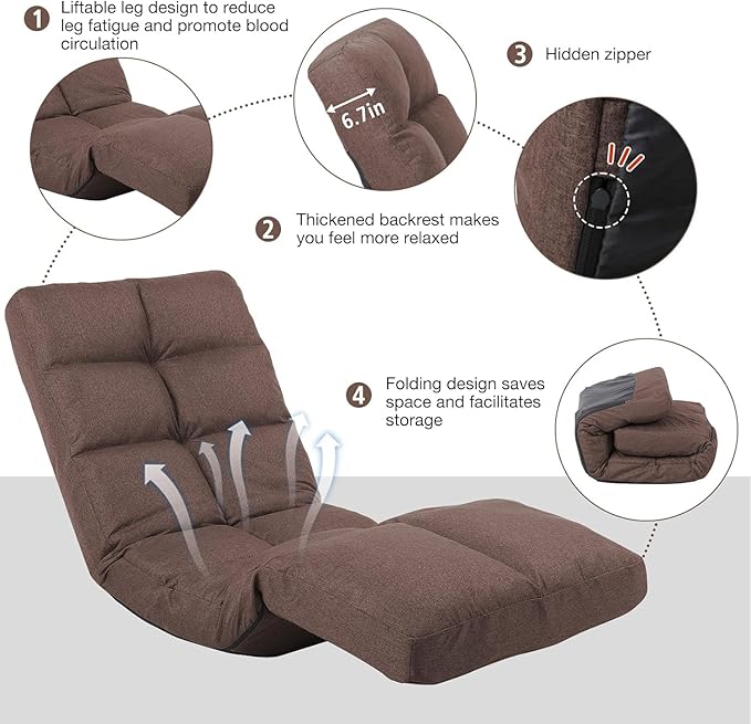 Floor Chair with Footrest Adjustable Backrest with 14 Positions Footrest 5-Position Adjustment Foldable Floor Gaming Chair for Easy Storage Linen Fabirc Chaise Lounge 086 (Brown)