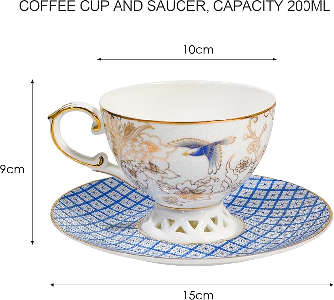 ACMLIFE Bone China Tea Cup and Saucer Set for 1, Vintage Floral Tea Cup with Saucer, Spoon and Gift Box, 6.8 oz (Blue B) - Bloomnest
