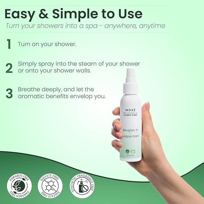 MOXE Aromatherapy Shower Spray - Douglas Fir & Peppermint, 100% Essential Oils, Made in USA, Aromatherapy, Sinus Congestion Relief, Respiratory Support, 4 Oz (1 Pack) - Bloomnest